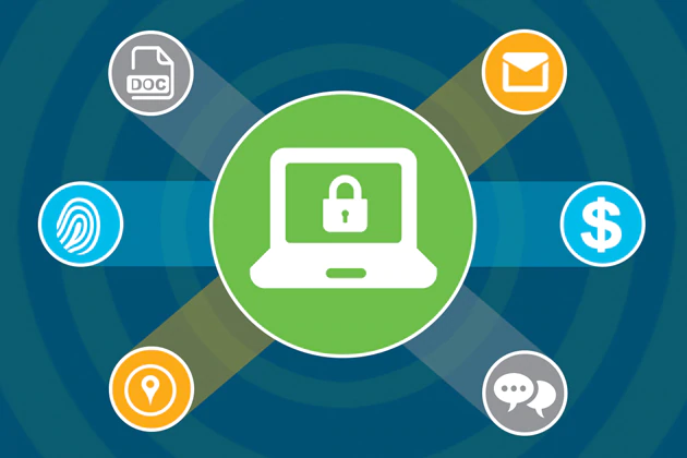 protect your digital world: icons symbolizing email, finance, biometrics, and secure communications.