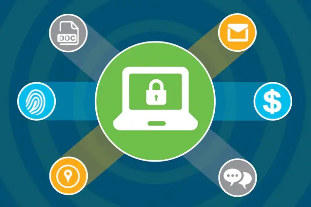 protect your digital world: icons symbolizing email, finance, biometrics, and secure communications.