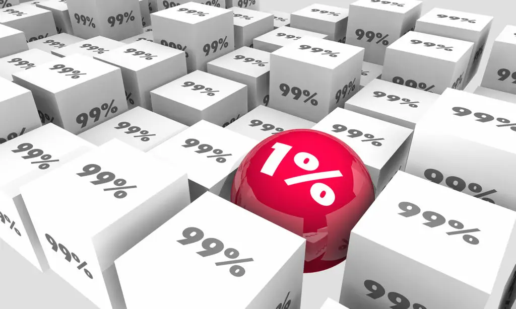 red 1% sphere contrasts with white 99% cubes, symbolizing percentage disparity.