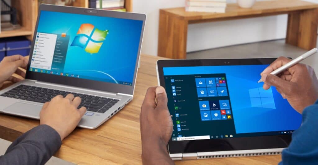 old vs. new: windows 7 laptop vs. windows 10 tablet - contrasting computing experiences.