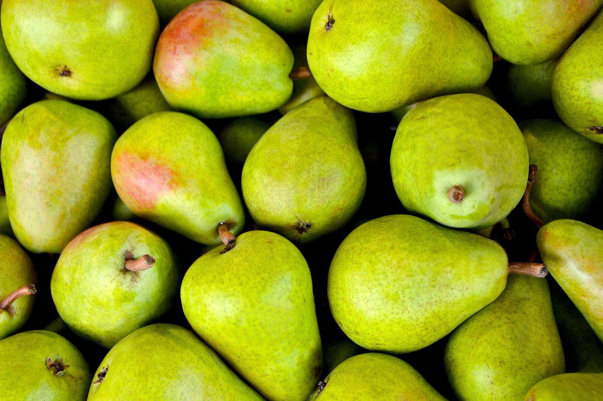 a pile of green pears sitting next to each other