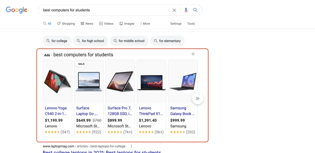 second example of a google paid ad result showing the ads label next to a listing