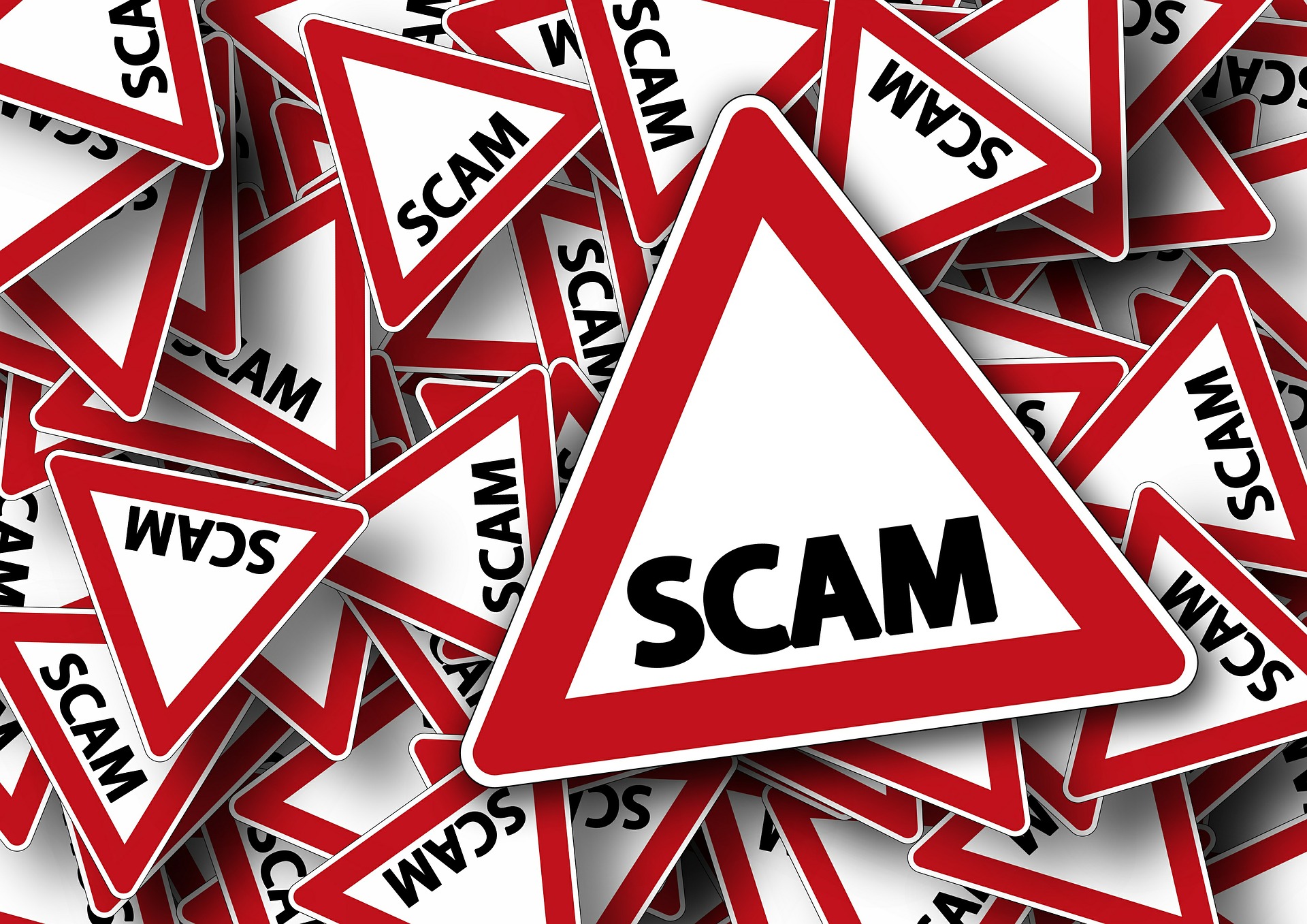 a pile of red and white signs with the word scam on them