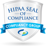 a white shield with blue ribbon and the words hipa seal of compliance