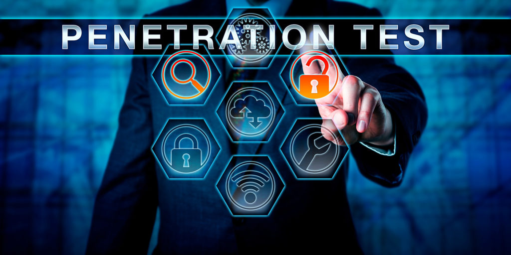 a man in a business suit touching a button with the word penetation test