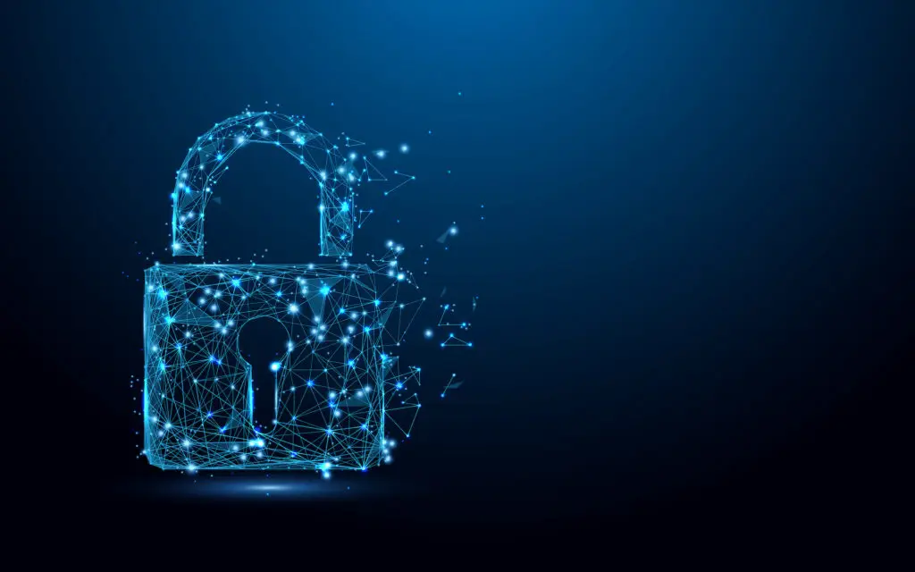 cybersecurity lock symbolizing protection in digital landscape on vibrant blue background.