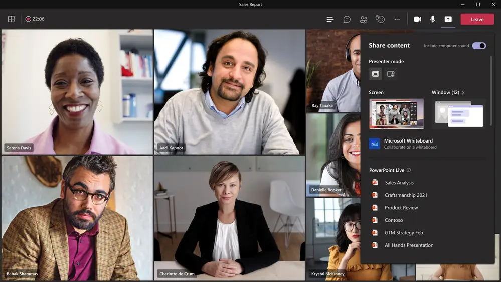 diverse professionals collaborate in virtual meeting, sharing powerpoint content for teamwork and engagement.