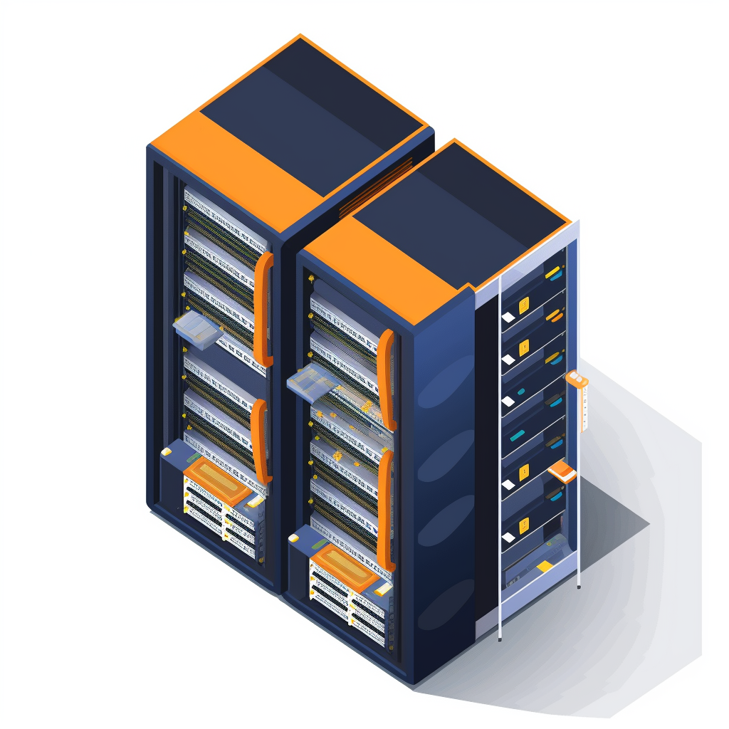 two servers are connected to each other with orange and blue covers