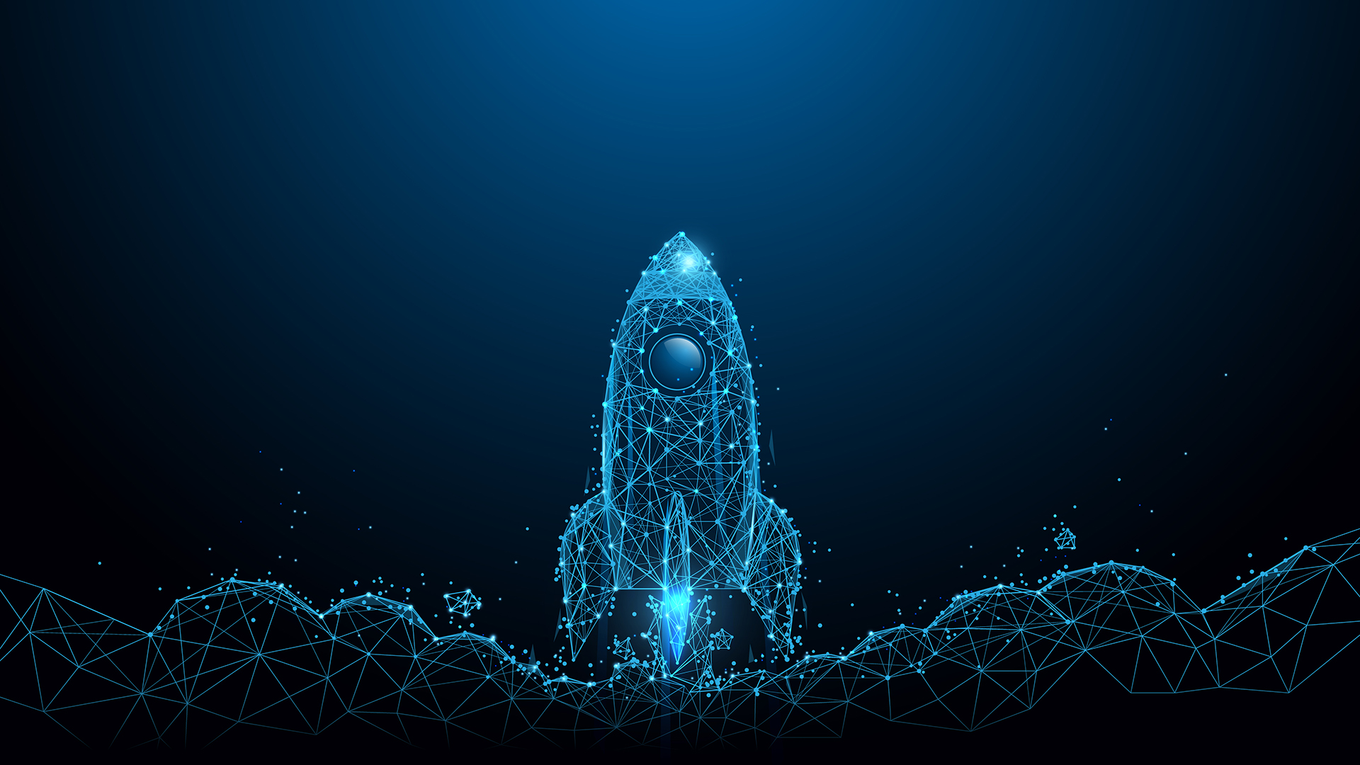 a blue and black image of a rocket ship
