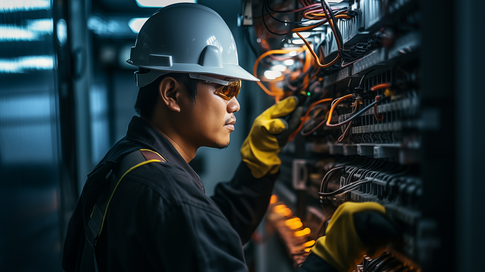 a man in a hard hat and safety gear working on a server