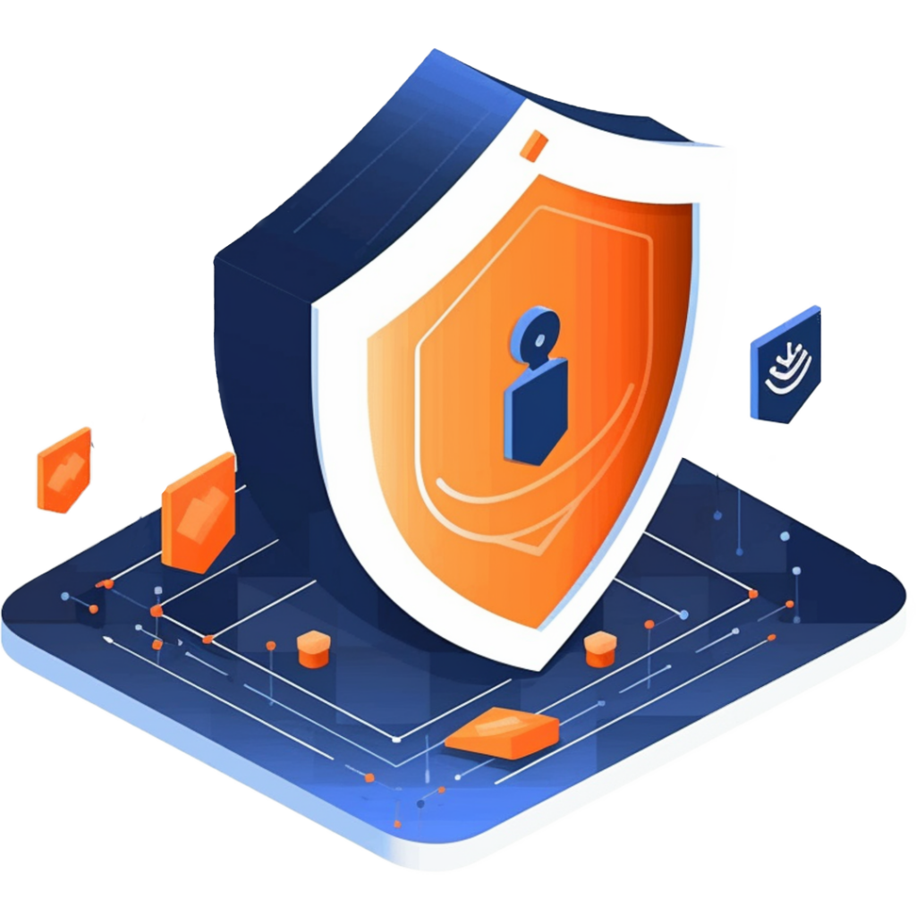 an orange and blue shield with icons surrounding it