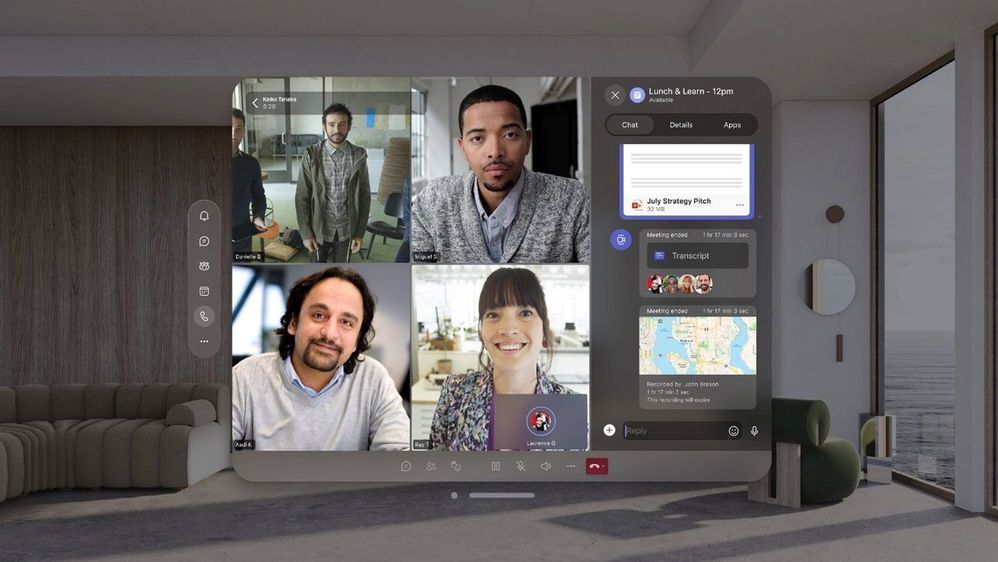 modern virtual meeting with four engaged participants in a stylish, light-filled workspace.