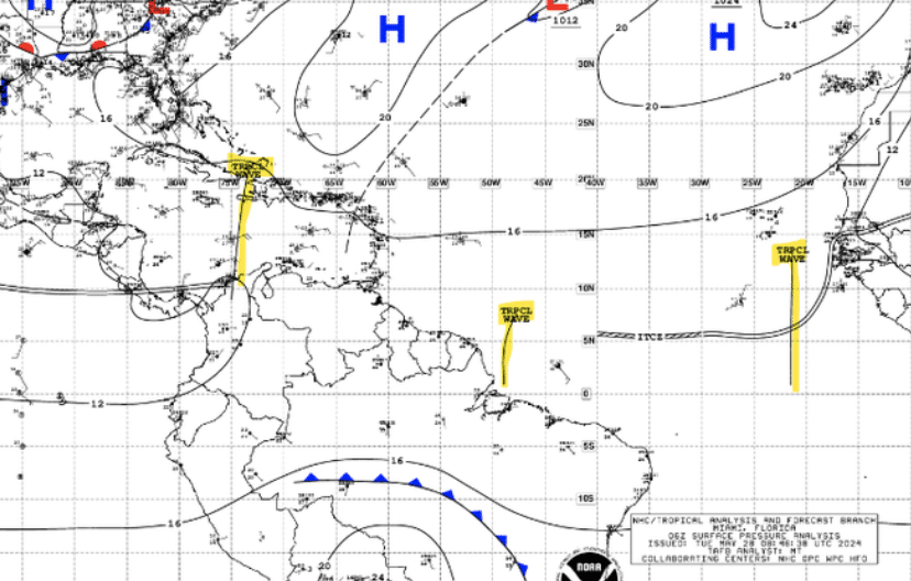 Detailed North Atlantic weather map with high/low-pressure systems, fronts, and annotations for analysis.