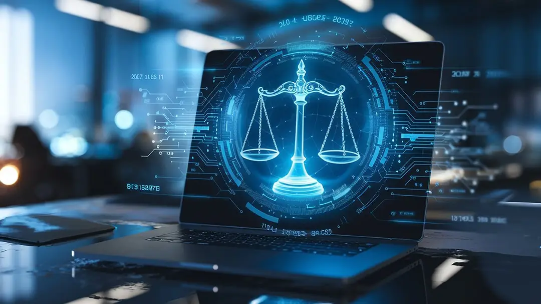 digital scales of justice on laptop screen legal technology la