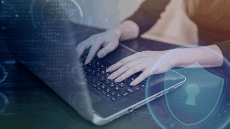 person typing on laptop keyboard with digital coding background and security shield symbol. new year's resolution.