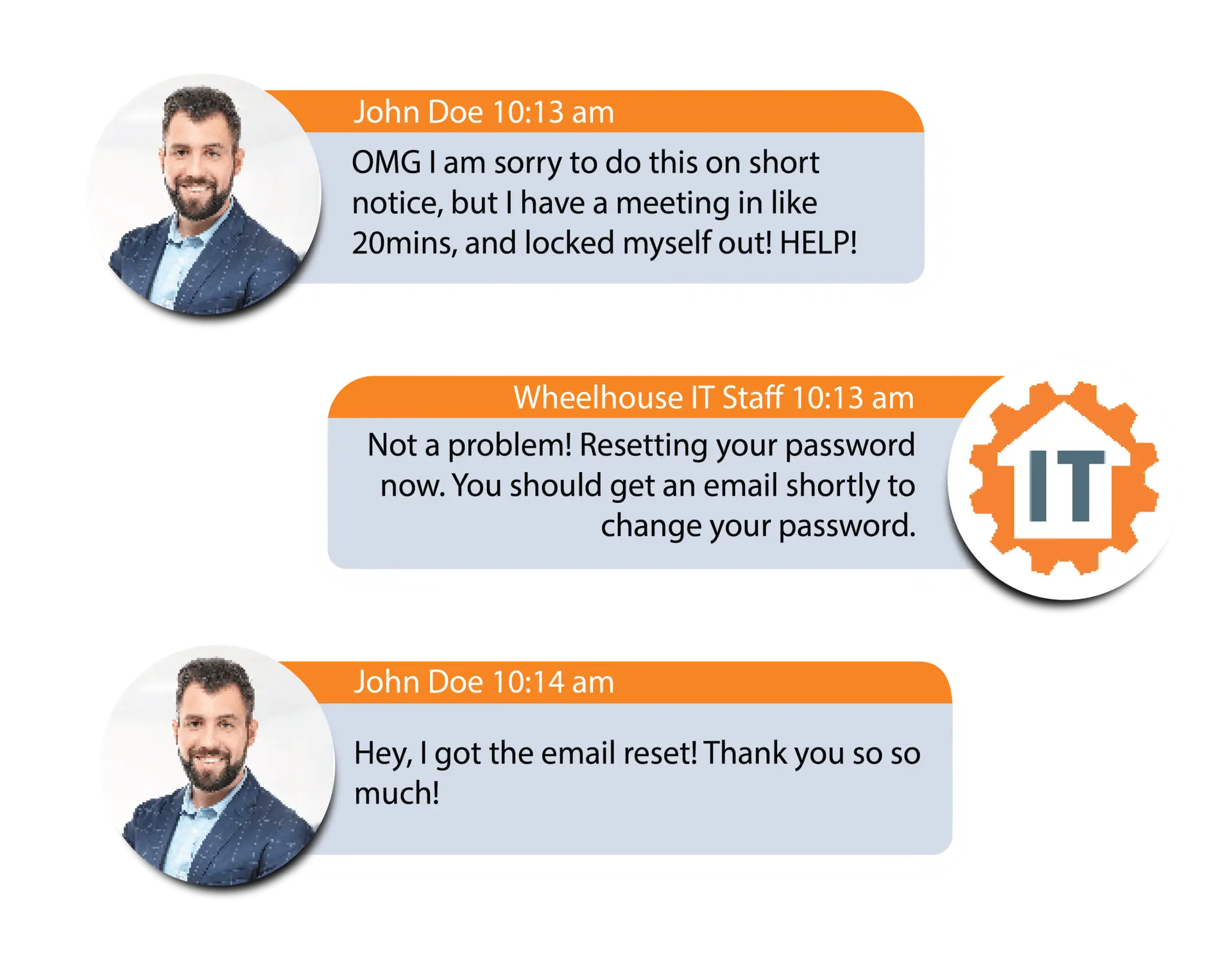 professional it support conversation with john doe from wheelhouse organization, resolving urgent account lockout.