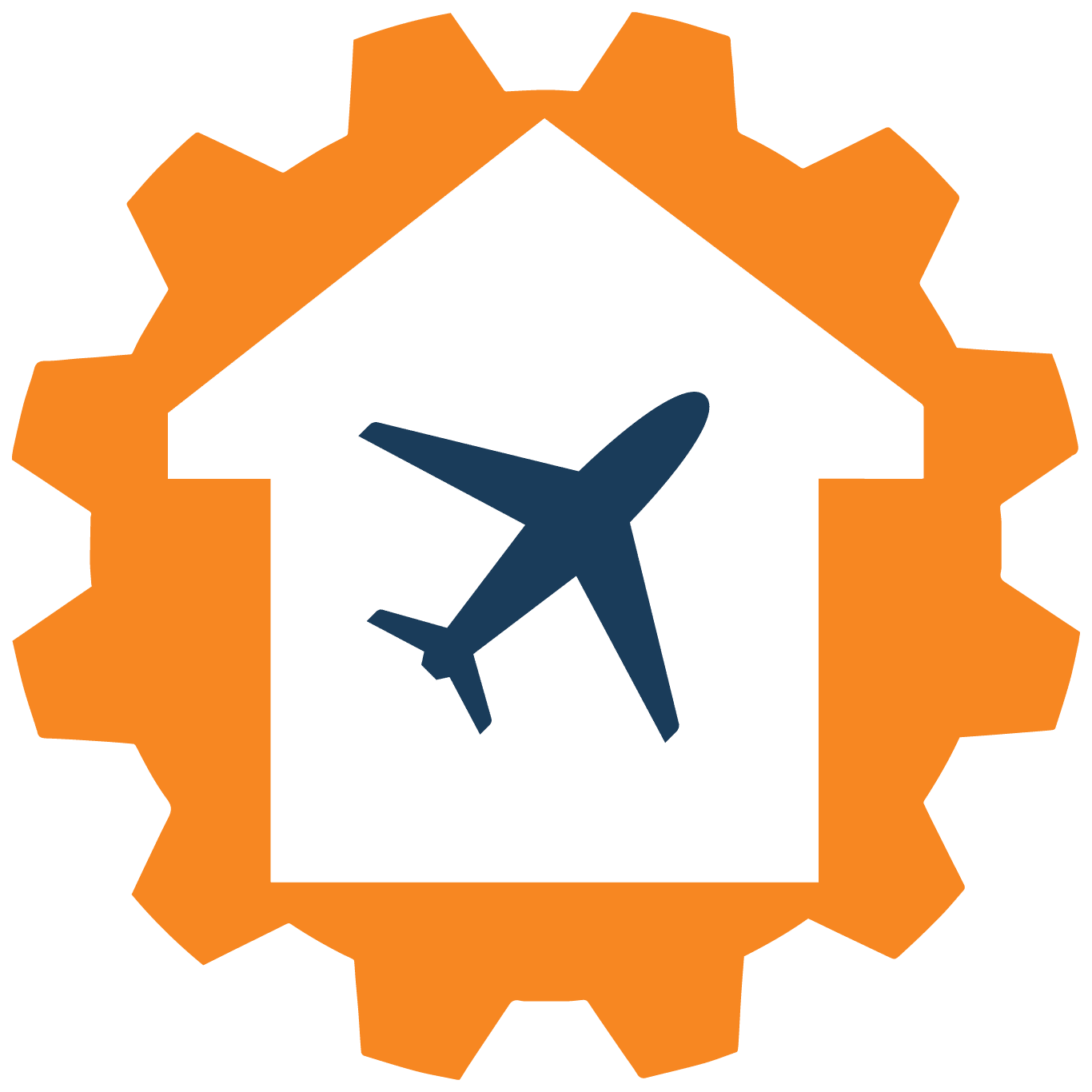 innovative aviation and housing industry logo with airplane, house, and gear.