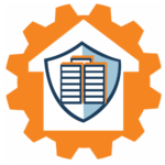house security logo design with modern gears, shield, and columns for home protection.