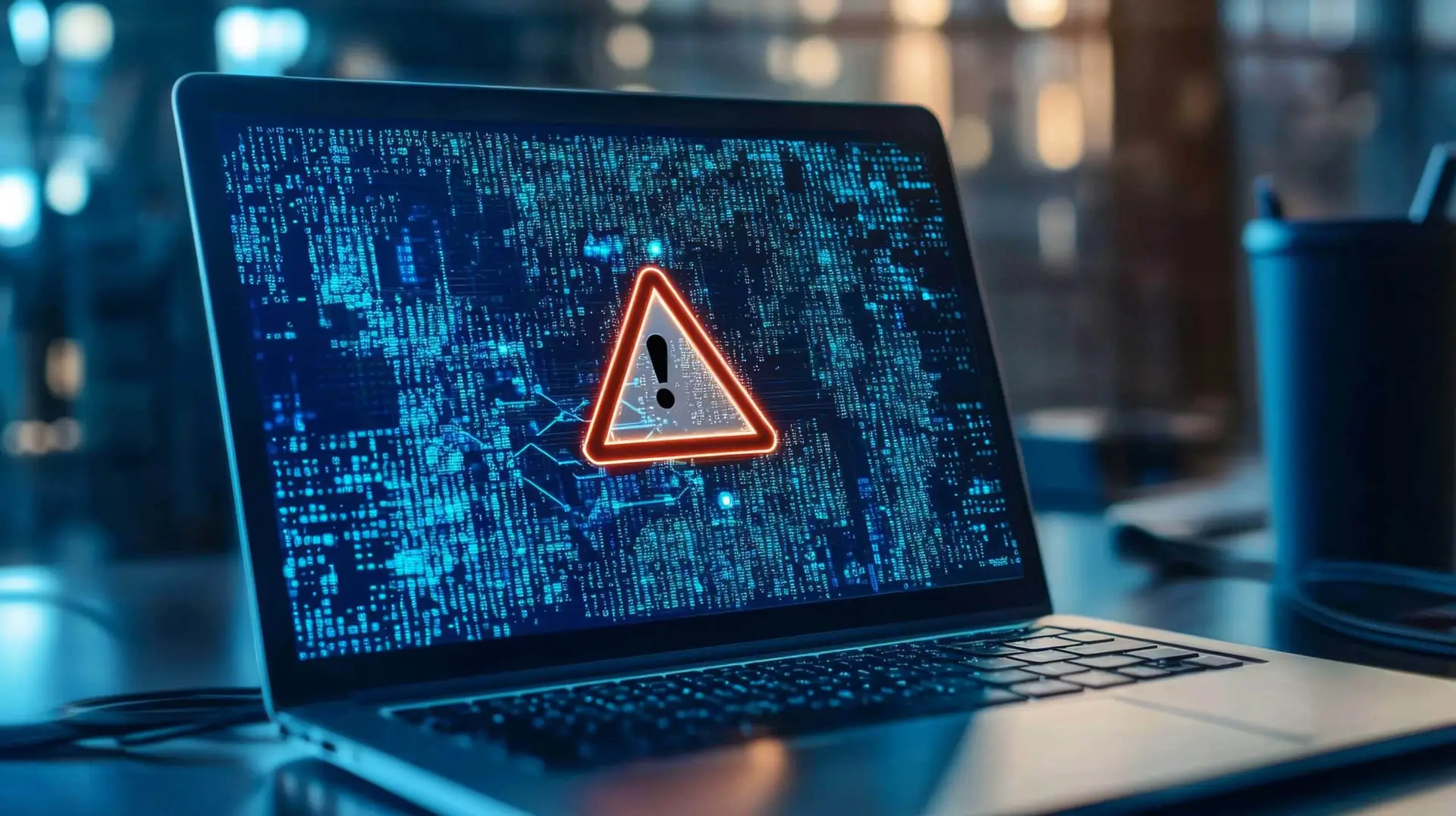 Aws Outage Warning Displayed On A Laptop Screen In A Blue-Lit Workspace. aws outage warning displayed on a laptop screen in a blue-lit workspace.