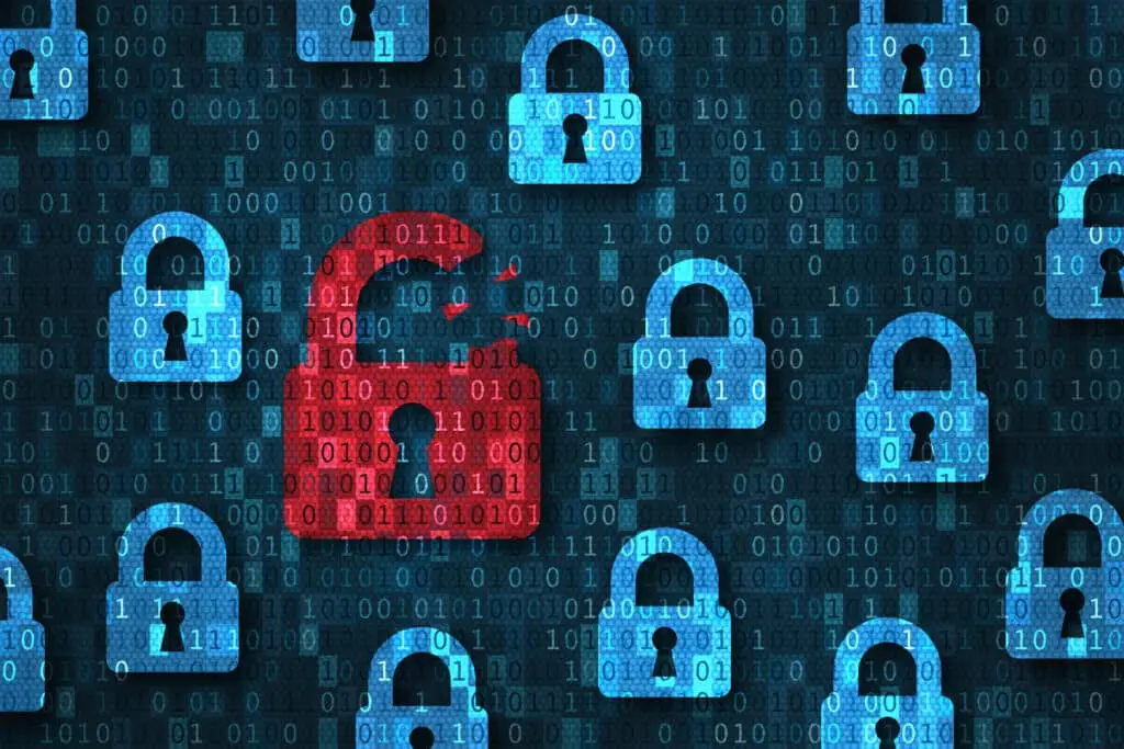 2025 data breach alert with red padlock among blue locks and binary code.