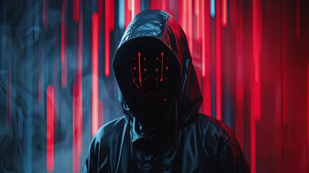 Masked Hacker Symbolizing Ai-Powered Phishing Attacks In A Neon-Lit Cyberpunk Setting. masked hacker symbolizing ai-powered phishing attacks in a neon-lit cyberpunk setting.