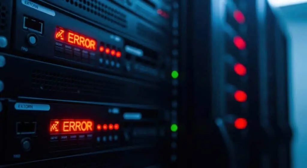 Server Rack Displays Error Messages And Red Warning Lights During Internet Outages. server rack displays error messages and red warning lights during internet outages.