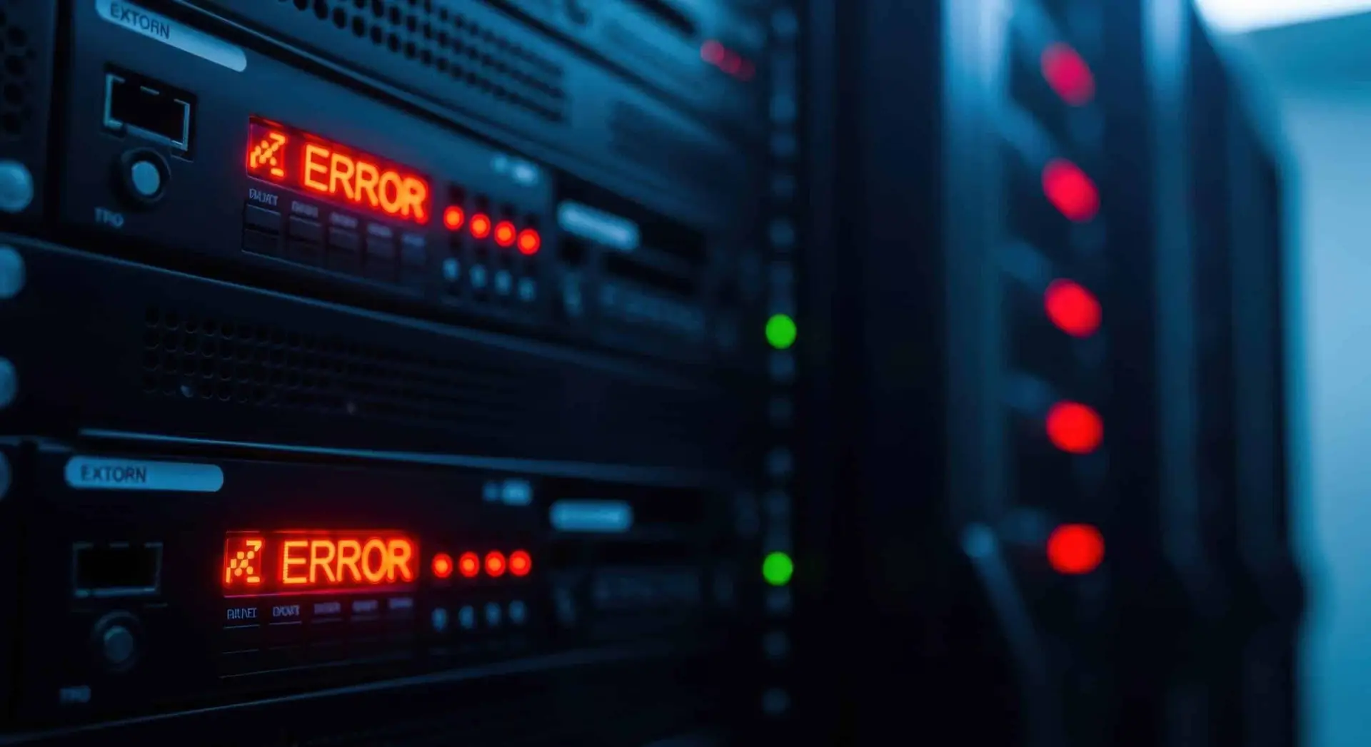 Server rack displays error messages and red warning lights during internet outages.