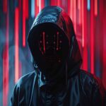 Futuristic hacker engaged in cyber security breach, representing cyber crime and advanced technology.