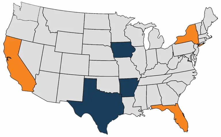 Colorful map of the United States highlighting California, Texas, and Florida, showing geographic significance.
