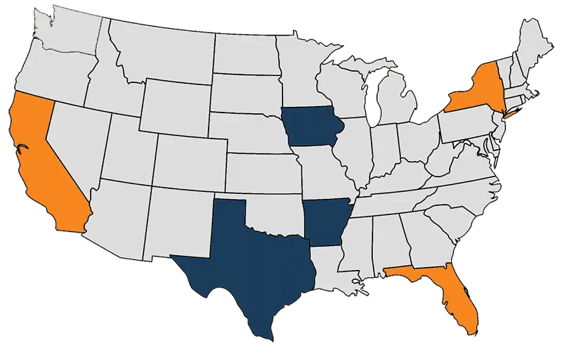 Colorful map of the United States highlighting California, Texas, and Florida, showing geographic significance.