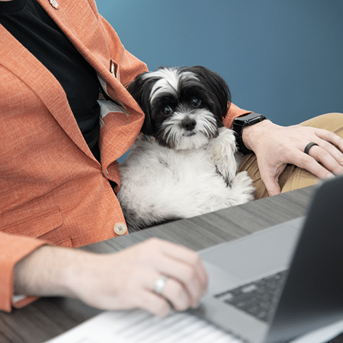 person in orange blazer working on laptop with small dog on lap in cozy workspace.