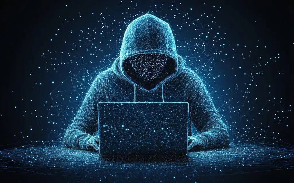 anonymous hooded hacker using a laptop symbolizes ai security risks for businesses.