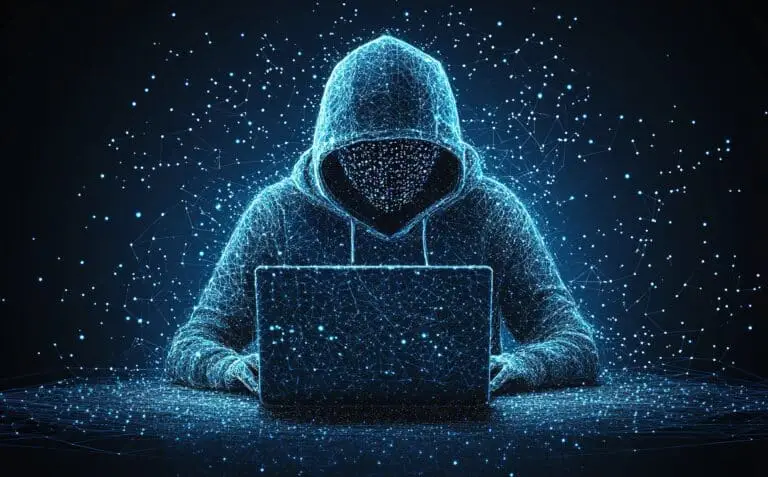 Anonymous Hooded Hacker Using A Laptop Symbolizes Ai Security Risks For Businesses. anonymous hooded hacker using a laptop symbolizes ai security risks for businesses.