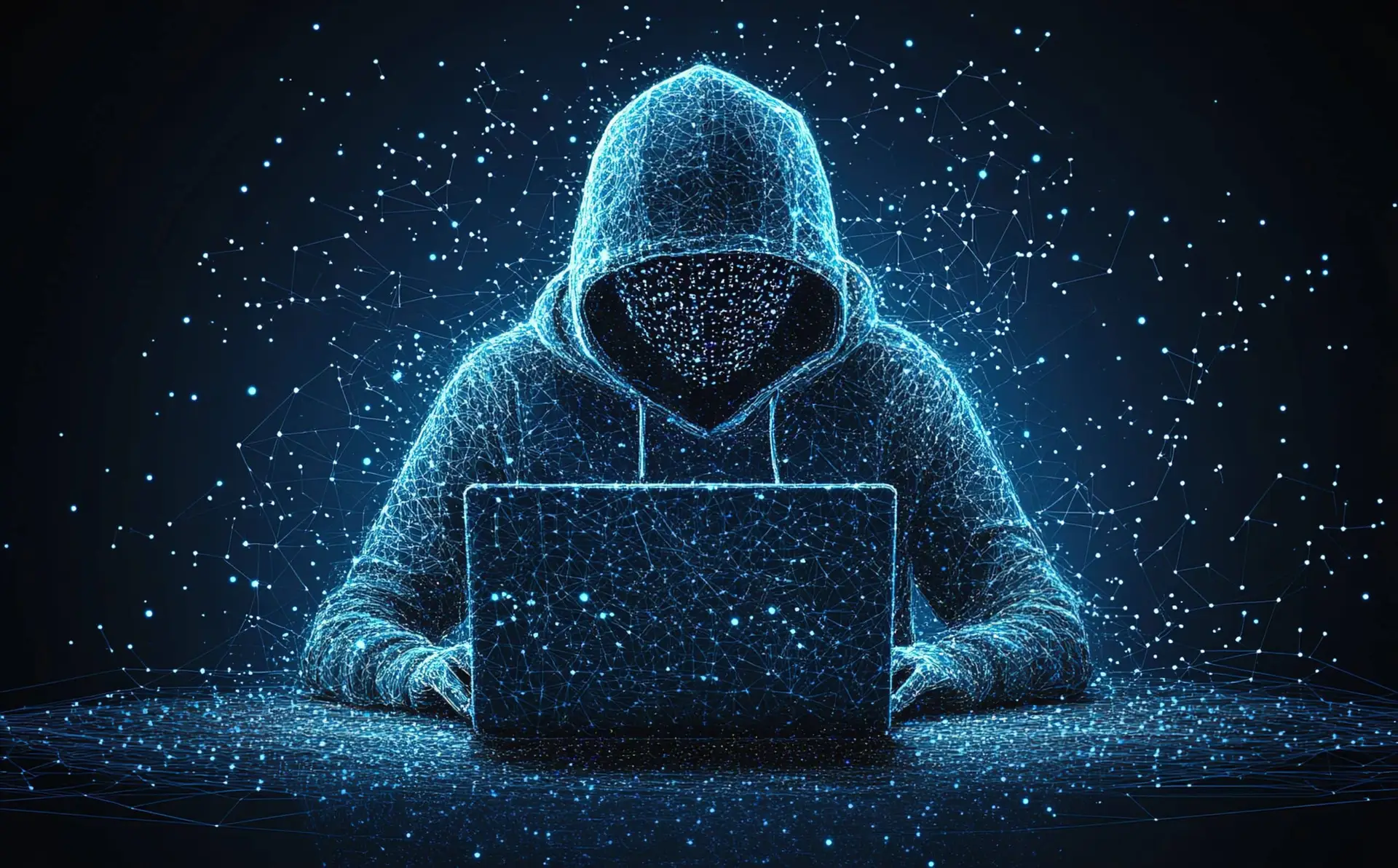 Anonymous hooded hacker using a laptop symbolizes AI security risks for businesses.