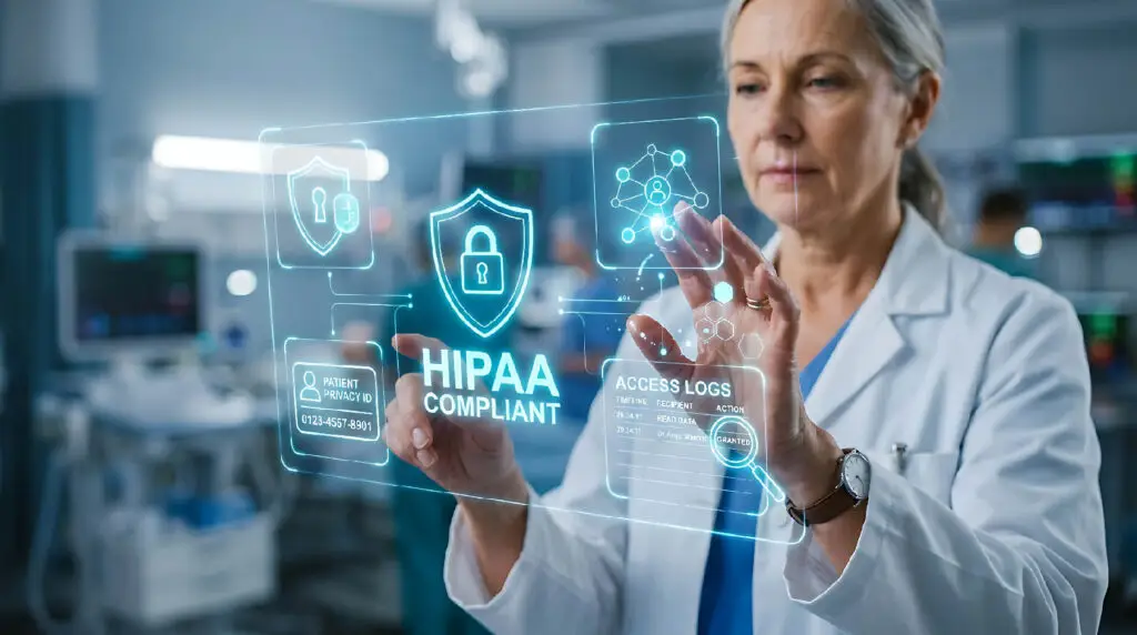 doctor using a digital interface with hipaa security icons, representing hipaa compliant it support for medical practices