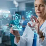 Doctor using a digital interface with HIPAA security icons, representing HIPAA compliant IT support for medical practices
