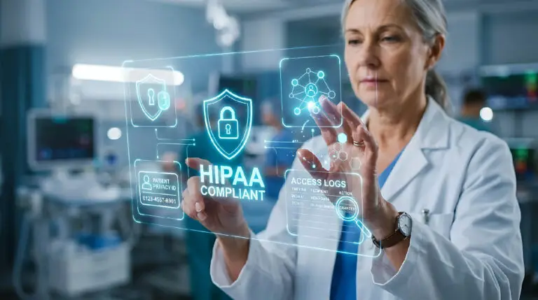 doctor using a digital interface with hipaa security icons, representing hipaa compliant it support for medical practices