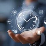 A business professional holds a digital packet of info centered around a ticking clock.