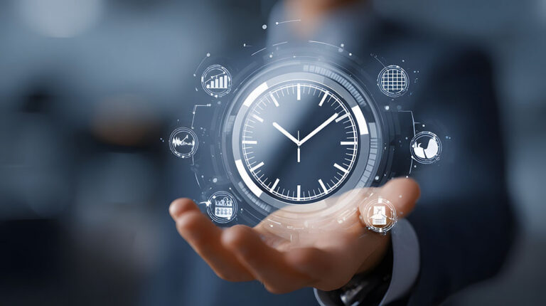 a business professional holds a digital packet of info centered around a ticking clock.
