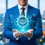 A provider holds glowing digital tools out towards you.