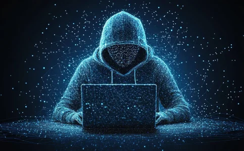 anonymous hooded hacker using a laptop symbolizes ai security risks for businesses.