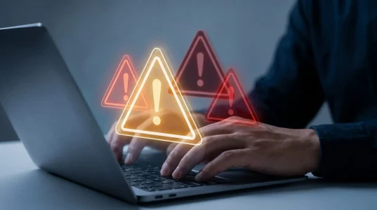 person typing on laptop with glowing biggest security risk alerts.