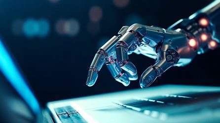 Robot hands point to laptop button advisor chatbot robotic artif