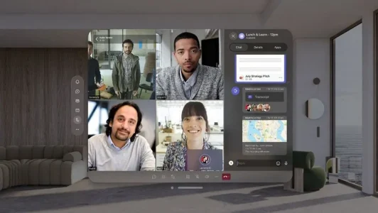 modern virtual meeting with four engaged participants in a stylish, light-filled workspace.