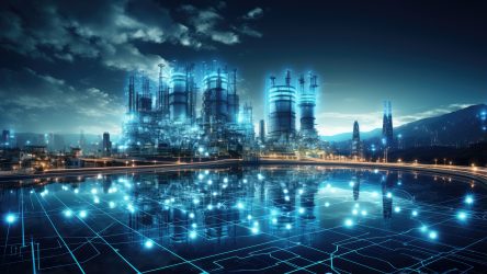 a futuristic city is shown with blue lights